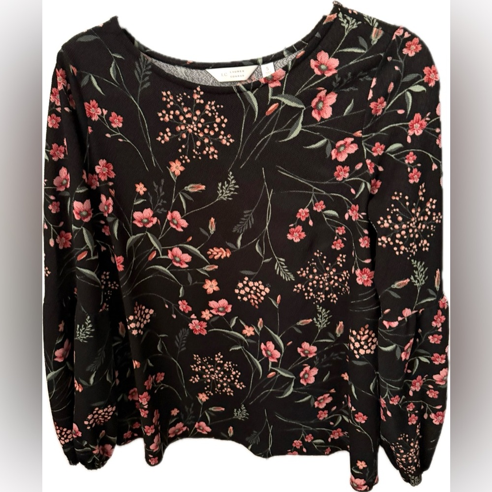 LC Lauren Conrad Black Floral Long Sleeve Blouse
